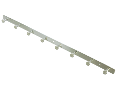 A wall-mounted rack with 8 hooks, made of stainless steel and designed for easy installation