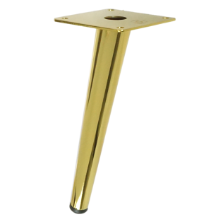 Metal inclined furniture leg, cone-shaped, 23 cm, with mounting plate, gold