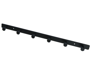 A black, screw-mounted stainless steel rack with 6 handles and a hook