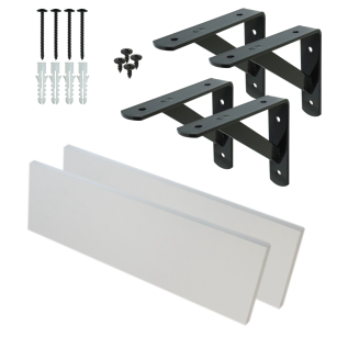 Set of 2 white wall shelves 500 x 150 x 18 mm, with mounting brackets