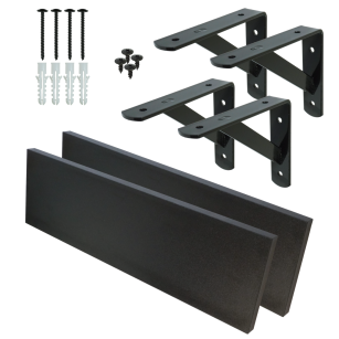 Set of 2 black wall shelves, 650 x 150 x 18 mm, with mounting brackets.