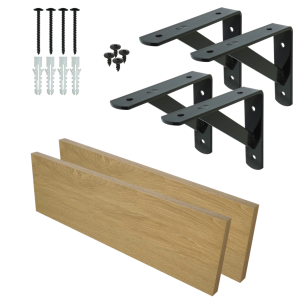 Set of 2 wall shelves in oak decor, 400 x 150 x 18 mm, with mounting brackets