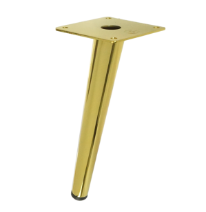 Metal inclined furniture leg, cone-shaped, 18 cm, with mounting plate, gold