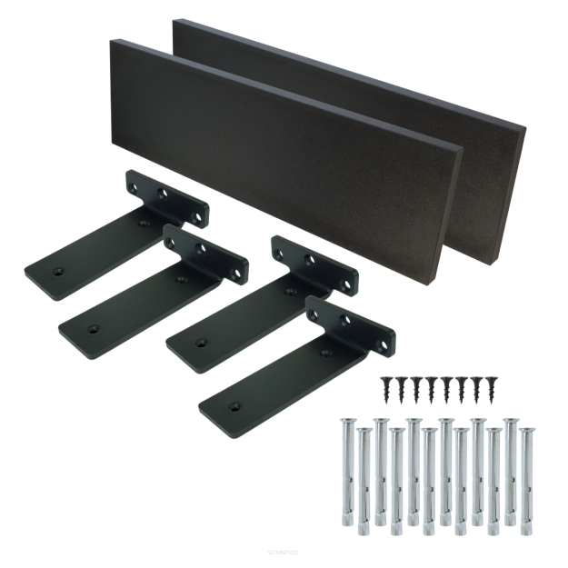 Set of 2 black wall shelves, 400 x 150 x 18 mm, with mounting brackets