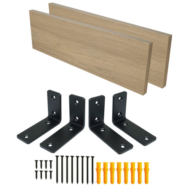 Set of 2 oak-effect wall shelves, 500 x 150 x 18 mm, with mounting brackets