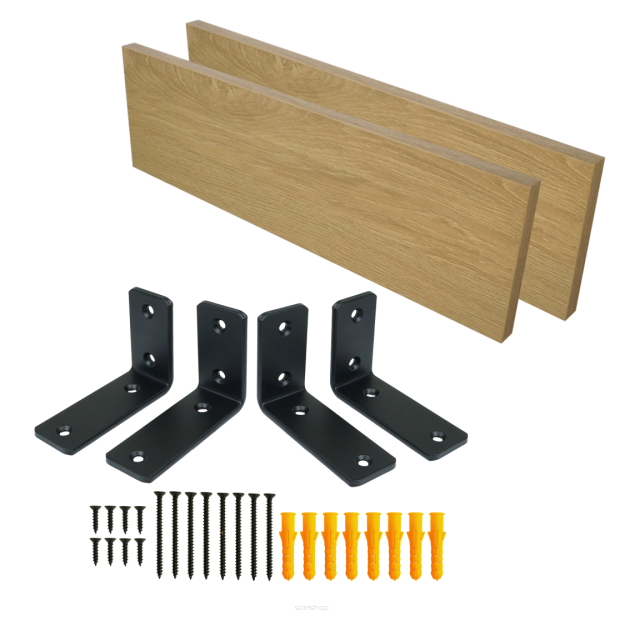 Set of 2 oak-effect wall shelves, 400 x 150 x 18 mm, with mounting brackets