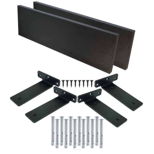 Set of 2 black wall shelves, 500 x 200 x 18 mm, with mounting brackets