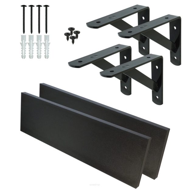 Set of 2 black wall shelves, 500 x 150 x 18 mm, with mounting brackets