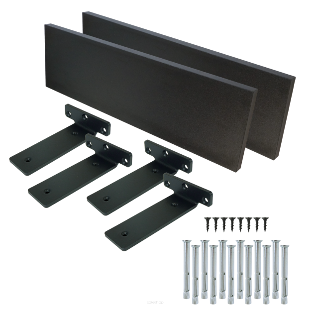 Set of 2 black wall shelves, 650 x 150 x 18 mm, with mounting brackets