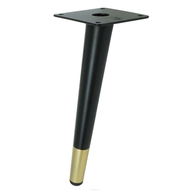 Metal inclined furniture leg, cone-shaped, 23 cm, with mounting plate, black and brass