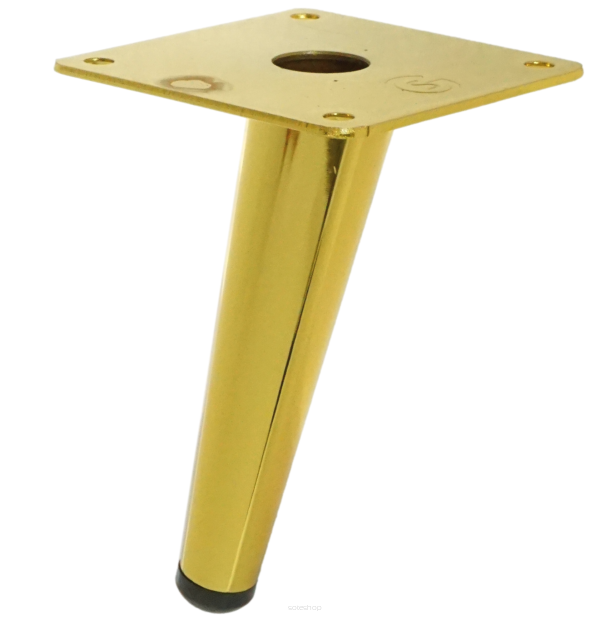 Metal inclined furniture leg, cone-shaped, 13 cm, with mounting plate, gold