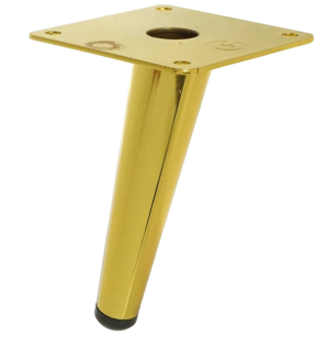 Metal inclined furniture leg, cone-shaped, 13 cm, with mounting plate, gold