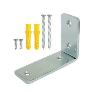 A modern chrome shelf bracket for furniture, measuring L 100 x 70 x 38 mm