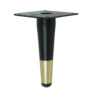 Metal straight furniture leg, cone-shaped, 13 cm, with mounting plate, black and brass