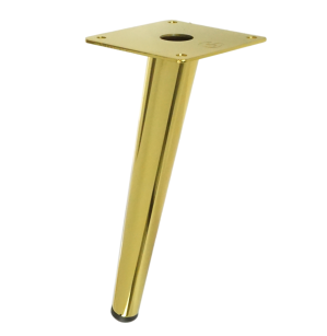 Metal inclined furniture leg, cone-shaped, 20 cm, with mounting plate, gold