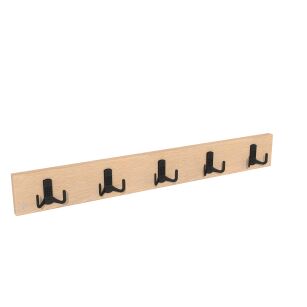 Wall-mounted clothes rack with 5 hooks, raw oak