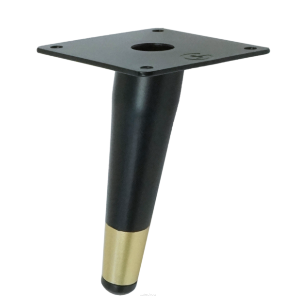 Metal inclined furniture leg, cone-shaped, 13 cm, with mounting plate, black and brass