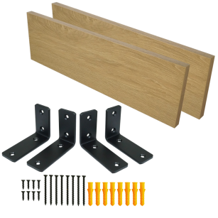 Set of 2 oak-effect wall shelves, 650 x 150 x 18 mm, with mounting brackets