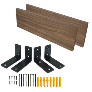 Set of 2 walnut-effect wall shelves, 650 x 150 x 18 mm, with mounting brackets