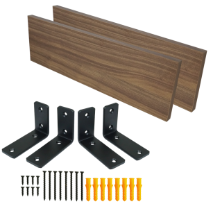 Set of 2 walnut-effect wall shelves, 400 x 200 x 18 mm, with mounting brackets