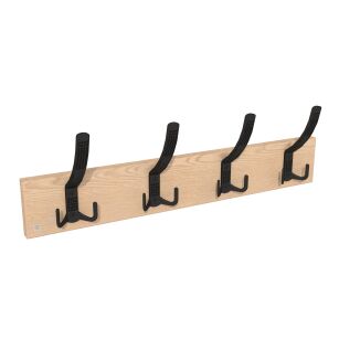 Wall-mounted clothes rack with 4 hooks, clear lacquered oak