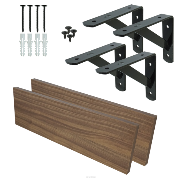 Set of 2 wall shelves in walnut decor, 500 x 150 x 18 mm, with mounting brackets