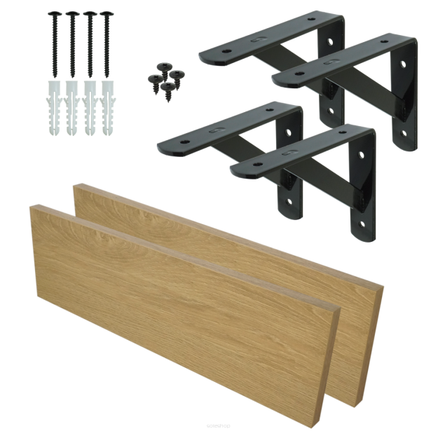 Set of 2 wall shelves in oak decor, 650 x 150 x 18 mm, with mounting brackets