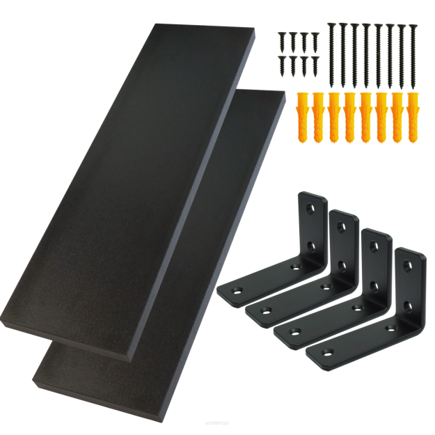 Set of 2 black wall shelves, 650 x 200 x 18 mm, with mounting brackets