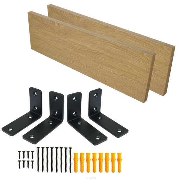 Set of 2 oak-effect wall shelves, 500 x 150 x 18 mm, with mounting brackets