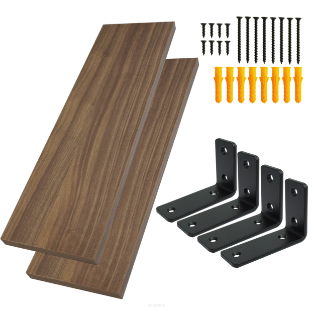 Set of 2 walnut-effect wall shelves, 650 x 200 x 18 mm, with mounting brackets