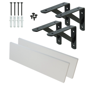 Set of 2 white wall shelves 400 x 150 x 18 mm, with mounting brackets