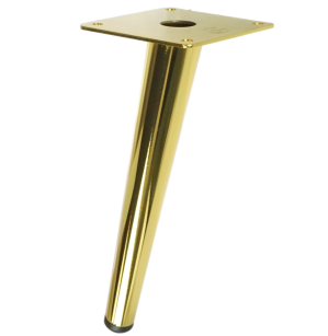Metal inclined furniture leg, cone-shaped, 71 cm, with mounting plate, gold
