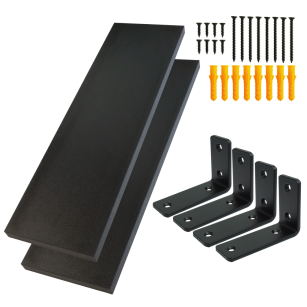 Set of 2 black wall shelves, 400 x 200 x 18 mm, with mounting brackets