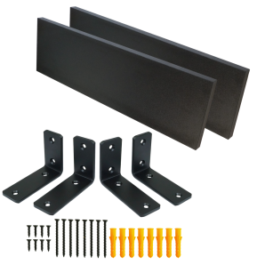 Set of 2 black wall shelves, 400 x 150 x 18 mm, with mounting brackets