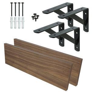 Set of 2 wall shelves in walnut decor, 650 x 150 x 18 mm, with mounting brackets