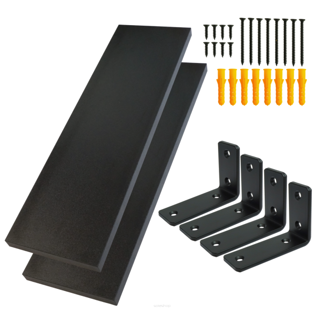 Set of 2 black wall shelves, 500 x 200 x 18 mm, with mounting brackets